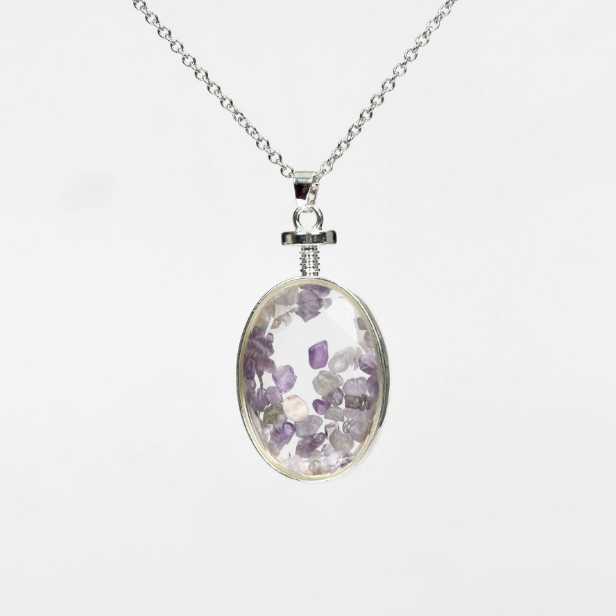 Crystal Chips In Oval Glass Pendant Necklace